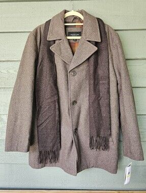 London Fog Collection Amity Single Breasted Brown Wool Jacket with Scarf Men's M